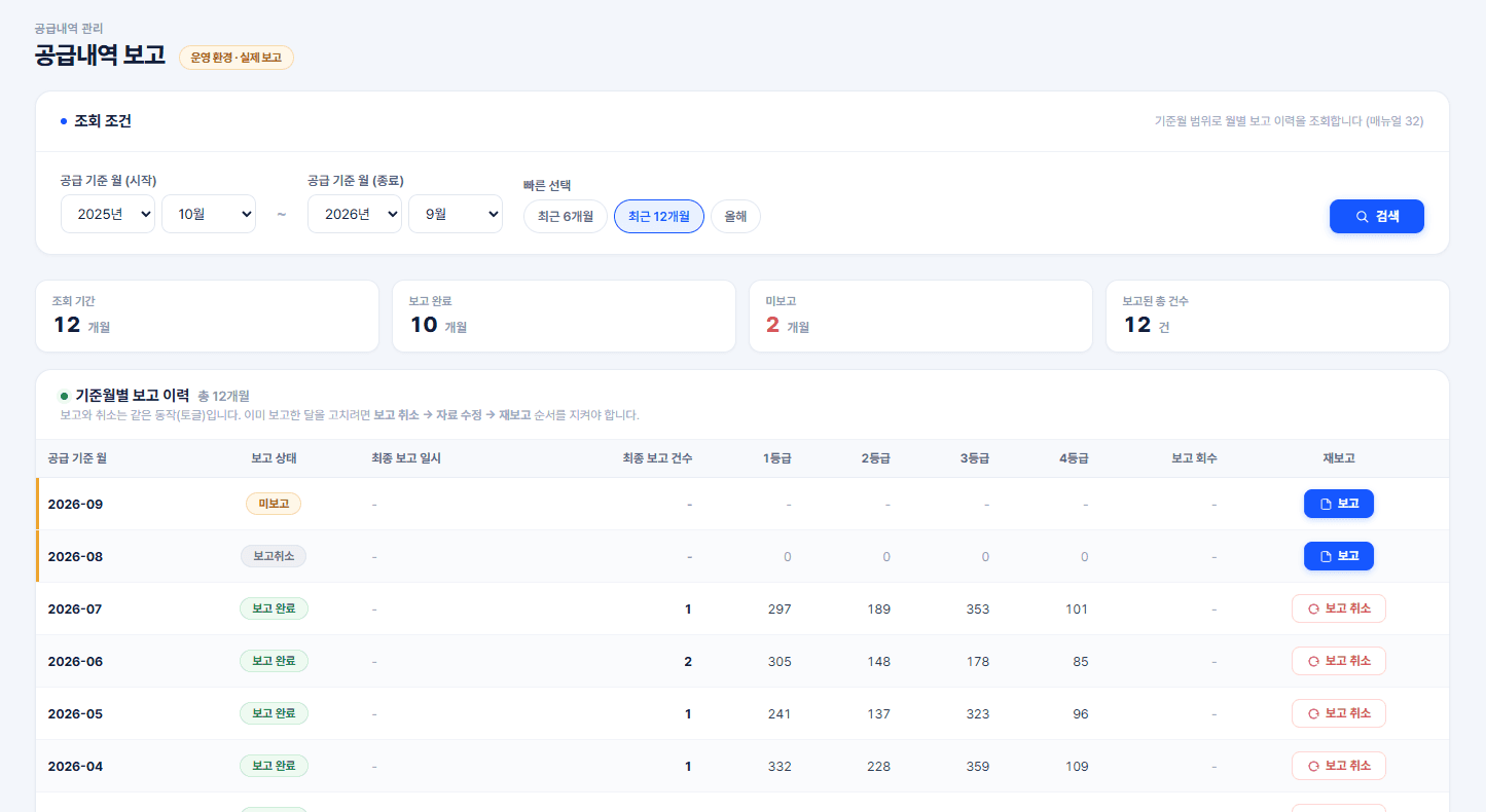 SHL UDI 월별 공급내역 보고 화면